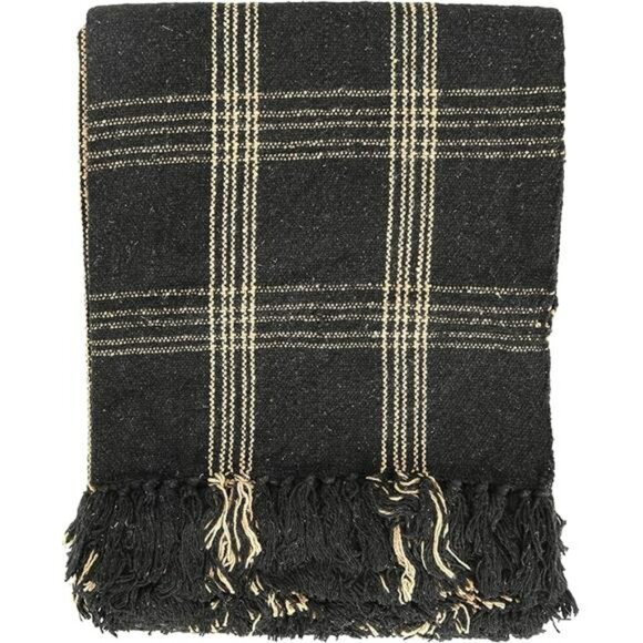 Plaid woven cotton throw blanket black tan fringe farmhouse rustic home decor 60 - Picture 8 of 8